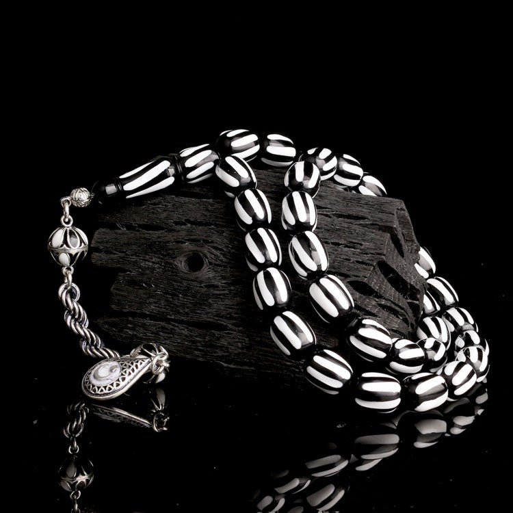 925 Sterling Silver Black & White Beşiktaş Crescent-Star Fire Amber Prayer Beads