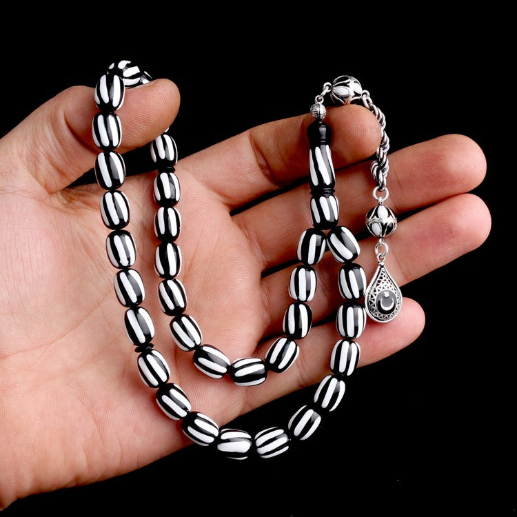 925 Sterling Silver Black & White Beşiktaş Crescent-Star Fire Amber Prayer Beads