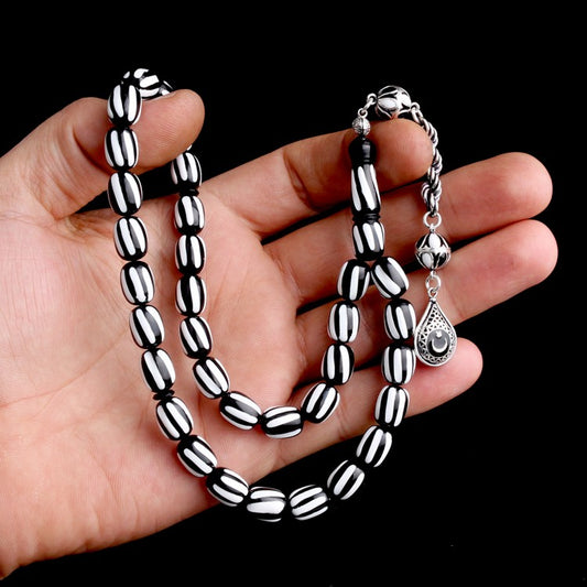 925 Sterling Silver Black & White Beşiktaş Crescent-Star Fire Amber Prayer Beads