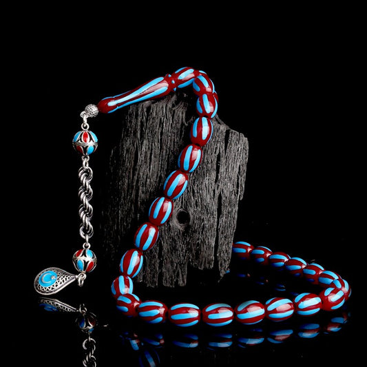 925 Sterling Silver Fire Amber Prayer Beads with Enameled Tassel & Red-Blue Crescent-Star Design
