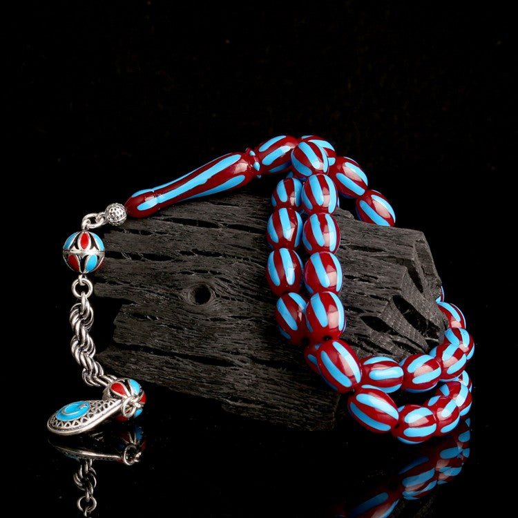 925 Sterling Silver Fire Amber Prayer Beads with Enameled Tassel & Red-Blue Crescent-Star Design