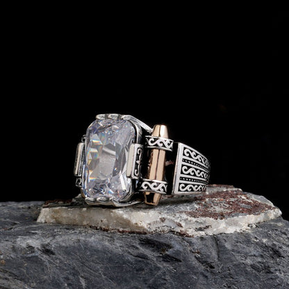 925 Bague d'hommes en pierre de zircon blanc en argent sterling en argent sterling