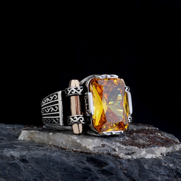 925 Sterling Silver Yellow Zircon Stone Men's Ring
