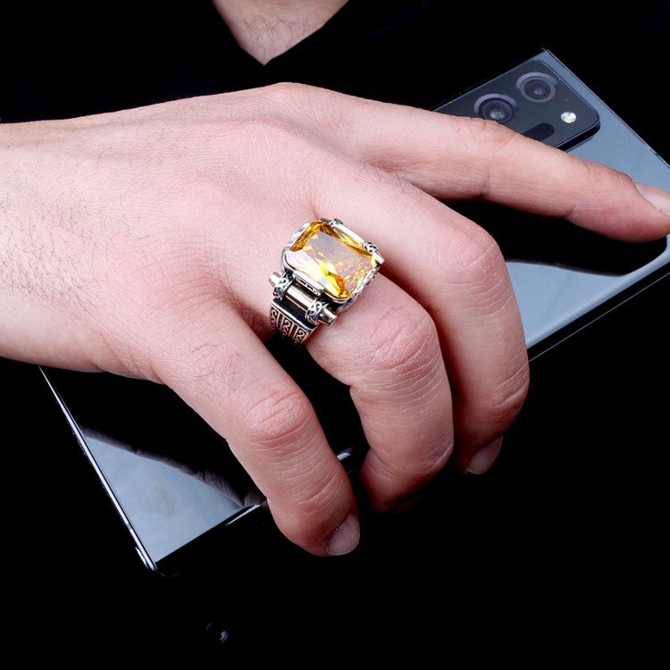 925 Sterling Silver Yellow Zircon Stone Men's Ring
