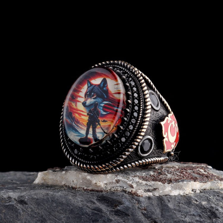 925 Sterling Silver Crescent-Star & Wolf Military Style Men's Ring