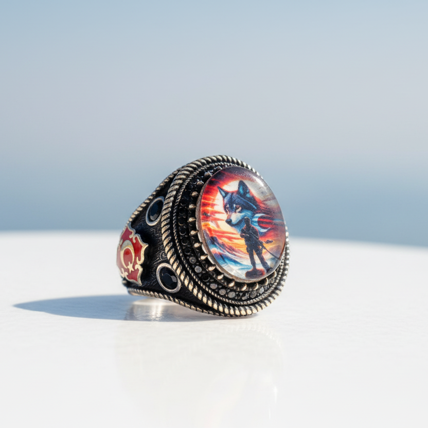 925 Sterling Silver Ayyıldız Soldier Wolf Model Men Ring