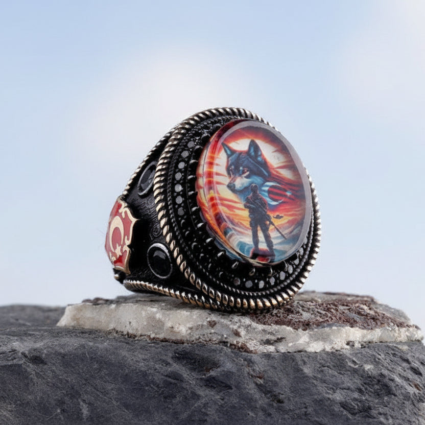 Herrenring mit 925er Silber, Halbmond-Stern & Wolf Design
