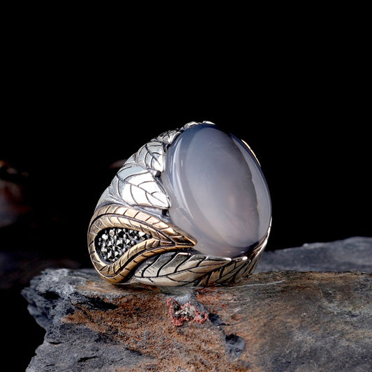 Herrenring mit Jemen-Achat und Blattmuster – 925 Silber