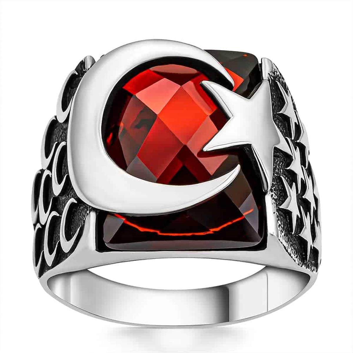 Ay Yıldız Kırmızı Taşlı Gümüş Yüzük