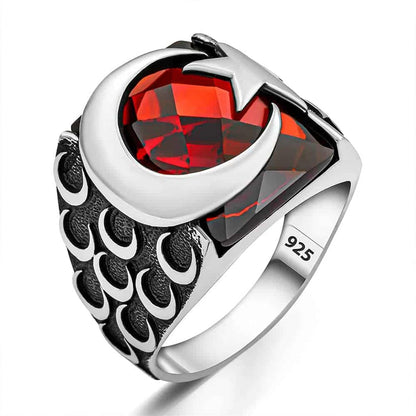 Bague en argent avec pierre rouge, étoile de lune