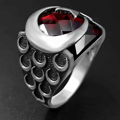Bague en argent avec pierre rouge, étoile de lune