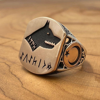 Kişiye Özel Göktürkçe Yazılı Bozkurt Gümüş Yüzük