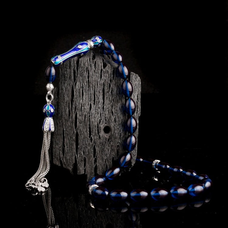 Parliament blue barley cut fire amber rosary - 925 sterling silver