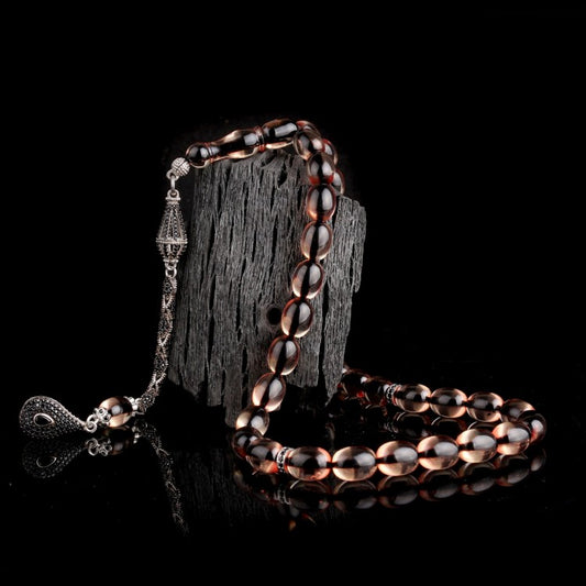Fire Amber Prayer Beads with 925 Silver Tassel & Zircon – Special Dark Shade

