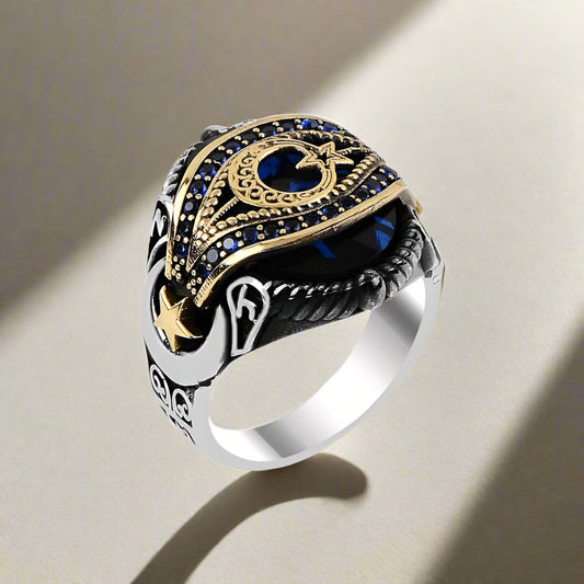 Moon Star Patterned Sterling Silver Men's Ring