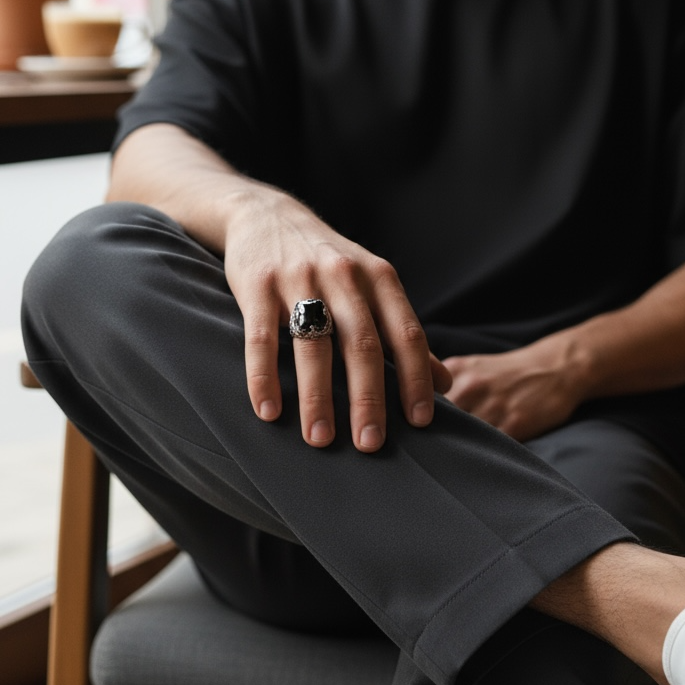 Siyah Zirkon Taşlı Erkek Gümüş Yüzük