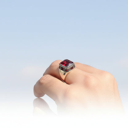 Red Zircon Stone Men's Silver Ring