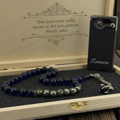 Mavi Safir Has Kehribar Tesbih & Gazlı Çakmak Hediye Seti