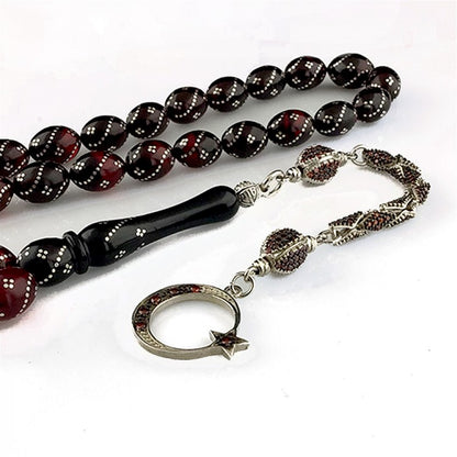 Zirkon Taş Püsküllü Ay Yıldız Ateş Kehribar Tesbih