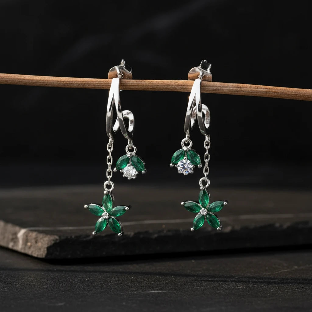 Emerald Lotus - 925 Sterling Silver Earrings