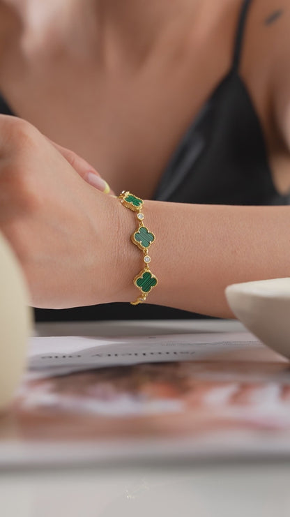 925 Ayar Gümüş Malakit Taşlı Dörtlü Yonca Bileklik