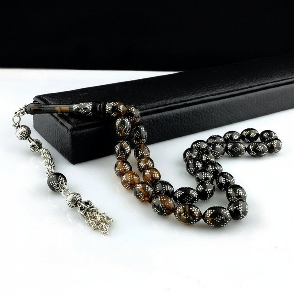 Filter Color Silver Embroidered Fire Amber Prayer Beads